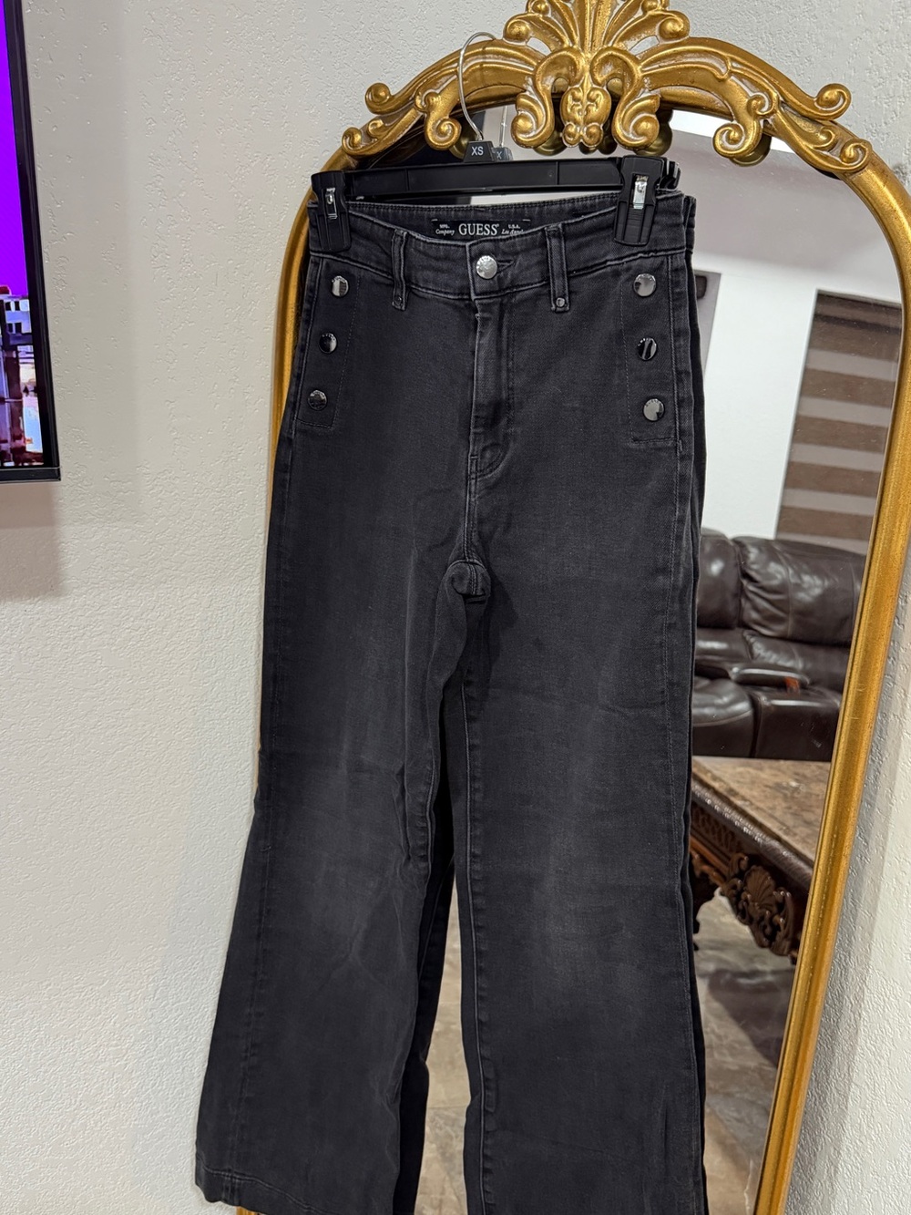 GUESS Black High-Rise Wide Leg Jeans with Button Detail